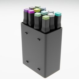 "Artistic alcohol marker box 3D model with array geometry node for Blender 3D software. Features four pens in a black holder with unique colors and dark grey rainbow color palette. Inspired by Michael Malm and well-rendered using Octane Render."