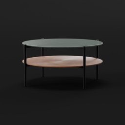 "Mid-Century Two-Tier Coffee Table with Glass Top and Decorative Vase and Books, created using Blender 3D. This sophisticated model features round shapes and minimalist design in black and muted colors, perfect for both modern and Nordic-themed interiors."