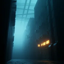 Misty sci-fi alley with futuristic buildings and neon signs, rendered in Blender's Cycles.