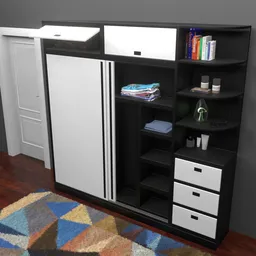 Highly detailed Blender 3D model showcasing a black and white wardrobe with shelving and drawers.