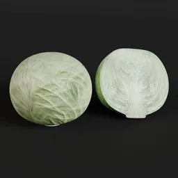 "Handmade high poly green cabbage 3D model set for Blender 3D. Includes cut version and optimized with decimate mod. Perfect for use as a videogame asset or in any 3D modeling project."