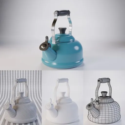 Detailed Blender 3D render of a classic tea kettle with wireframe and textured views.