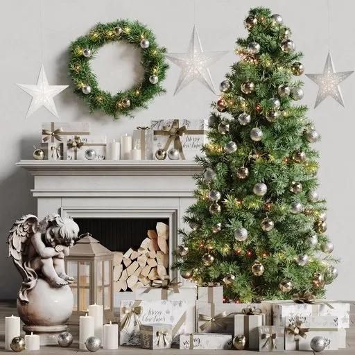 Detailed 3D Christmas tree, wreath, and presents model optimized for Blender rendering.