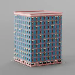 "Procedural building model for Blender 3D featuring a vibrant blue and pink facade, influenced by the Stalinist architectural style and Lodewijk Bruckman. This high-rise structure, created using geometry nodes, showcases the artistic inspiration of de stijl and Richard Artschwager. Perfect for architects and designers seeking a 3D model with a unique blend of modern and miniature porcelain aesthetics."
