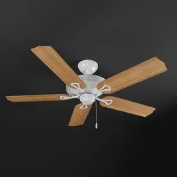Detailed 3D model of a wooden-blade ceiling fan, compatible with Blender for interior design visualization.