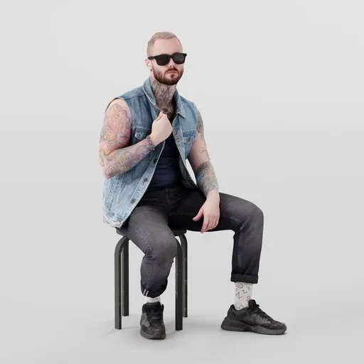 Athletic tattooed 3D model in denim, adjusting vest collar, with sunglasses and earphones, designed for Blender 3D.