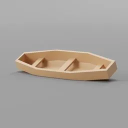 "Low poly 3D model of a wooden boat, perfect for recreational game design. Inspired by Jozef Israëls and Bartholomeus Breenbergh, created with Blender 3D software."