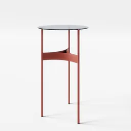 "Yumi low table 2 3D model for Blender 3D - minimalist round table with glass top, red legs, and grey metal body. Part of the Yumi collection, including armchairs, chairs, and small armchairs, for complete project coverage."