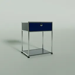 "Modern USM Bedside Table - Color Changeable 3D Model for Blender 3D - Bedroom Furniture with Small Blue Drawer on Metal Stand."