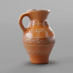 Realistic terracotta jug with intricate pattern, ideal for 3D rendering and Blender projects.