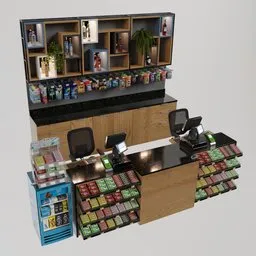 Detailed 3D model of a retail cashier station with POS systems and product displays for Blender rendering.