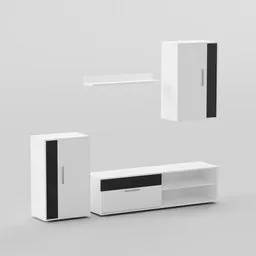 "Blender 3D model of Kondela Kevin TV cabinet set with two white cabinets and a black shelf, featuring glass and metal elements. Inspired by Dieter Rams and rendered in Redshift with white borders and USB ports. Perfect for modern home decor and entertainment systems."