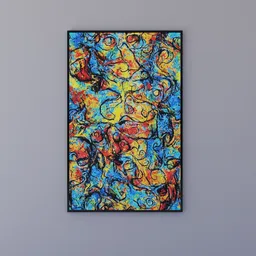 AI-generated abstract art 3D model with vibrant colors in a sleek black frame for Blender rendering.