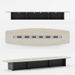 "Get your hands on the XXL meeting table 3D model for Blender 3D with 4k texture. Featuring a sleek black and white color palette and inspired by Jiro Yoshihara, this table comes complete with multiple desks and a spacious shelf. Perfect for large living rooms, merchant stands, or any professional setting."