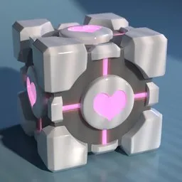 "Cube companion 3D model inspired by Portal game, featuring a heart-shaped object on top of a cube amidst cogwheels. Physical correct light and shadows, rendered in Blender 3D software. Perfect for art enthusiasts and gaming fans alike."