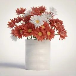 "3D model of a Flower Bouquet with red and white flowers in a white vase, created using Blender 3D software. Perfect for table, living room, or shelf decoration."