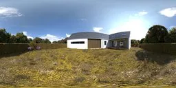 360-degree HDR image of a house with a green lawn and purple flowers for scene lighting.
