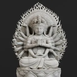 "High-quality, 8k textured 3D model of Avalokitesvara, the Thousand Handed Buddha, generated using Blender 3D software. This sculpture features a natural tpose, twelve arms, and emanating white smoke for a stunning, realistic look. Created through photoscan technology from 350 images, this procedural model is perfect for any sculpture or art enthusiast."