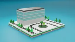 Detailed 3D Blender model of a stylized commercial low-poly building with surrounding trees and a road.
