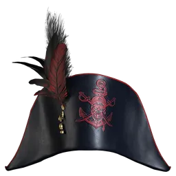 "High-quality 3D model of a Pirate Hat with unique hand-painted feather material, created with Blender 3D and rendered by Cycles. Low in poly count with optimized topology and fully unwrapped UVs, perfect for use in visual productions, games, design visualization and more. Accurately sized and ready to use with no extra plugins needed."