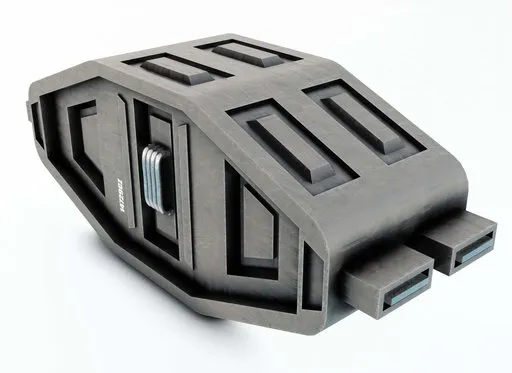 Detailed 3D printed space station module for Blender, with intricate metal textures and sci-fi design.