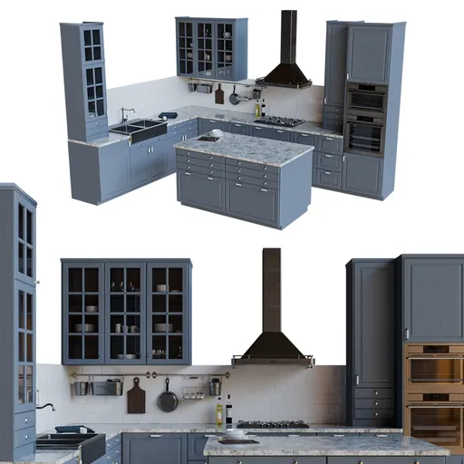 Detailed Blender 3D rendering of a modern kitchen furniture set with appliances and cabinets.