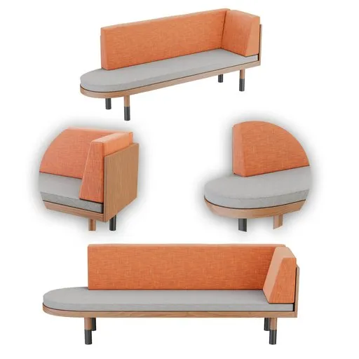 Detailed Blender 3D model showcasing various angles of a mid-century corner sofa with chaise lounges in orange upholstery.