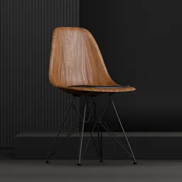 Detailed 3D model of a molded wood office chair with steel legs, showing complex curves and finishes.