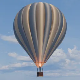 Realistic 3D model of a gray and beige hot air balloon with animated flame, perfect for Blender 3D projects.