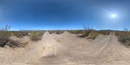 360-degree HDR panorama of a desert scene with clear blue sky and dry vegetation for realistic lighting and rendering.