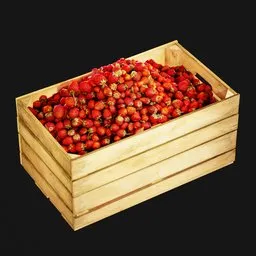 Detailed 3D-rendered wooden box brimming with realistic red strawberries, featuring high-quality 8K textures.