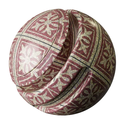 High-resolution PBR Blender material of worn red granite with stylized patterns for 3D floor texturing.