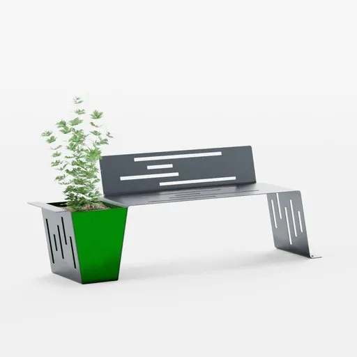 3D-rendered green and gray bench model with planter for Blender design, minimalistic style, isolated on white.
