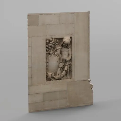 Detailed 3D model of sculpted wall element, optimized for Blender, with intricate textures and stonework.