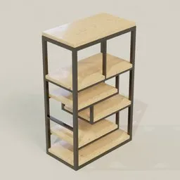 Realistic wooden 3D shelving unit with metal frame, optimized for Blender rendering.
