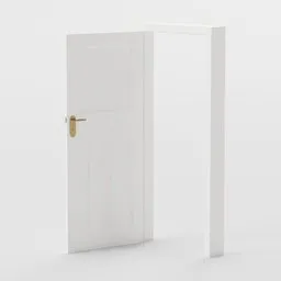 "Interior Door and Frame #5 3D model for Blender 3D. Classic wooden door with gold handle on a white frame in an empty white room. High quality stock picture for door 3D modeling."