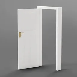 "Interior Door and Frame #5 3D model for Blender 3D. Classic wooden door with gold handle on a white frame in an empty white room. High quality stock picture for door 3D modeling."