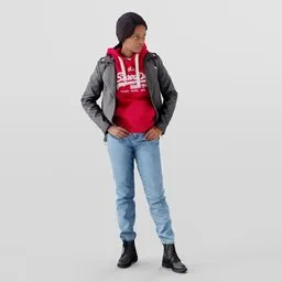 3D model of a confident young woman with red hoodie, black jacket, and boots, designed for Blender.