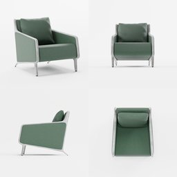 "Green armchair with footrest, inspired by B&T Design | Isola, made with Blender 3D. 2k textures for wood and fabric materials. V-Ray collection with dynamic folds and beveled edges."