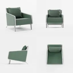 "Green armchair with footrest, inspired by B&T Design | Isola, made with Blender 3D. 2k textures for wood and fabric materials. V-Ray collection with dynamic folds and beveled edges."