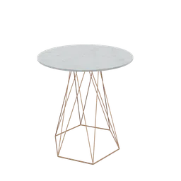 Realistic 3D model of a contemporary round high table with a marble top and geometric metal base, suitable for Blender rendering.