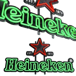 "Add a touch of bar and restaurant ambiance with this Logo Heineken Neon 3D model for Blender 3D, featuring a star, beer bottles, and inspired by Art Green's ad campaign. Created by Hendrik van Steenwijk II, this listing image will elevate any scene."