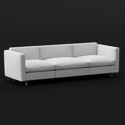 "Monochrome 3 seat sofa 3D model for interiors rendered in Redshift, with subtle color variations. Designed for proper proportions, this white couch on black background is fully customizable in Blender 3D. Catalog photo by Michael Flohr available on retaildesignblog.net."