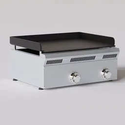 Realistic Blender 3D model render of a professional stainless-steel gas griddle with knobs and cooking surface.