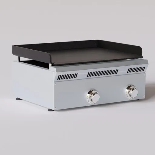 Realistic Blender 3D model render of a professional stainless-steel gas griddle with knobs and cooking surface.