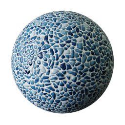 High-resolution PBR ceramic texture with cobalt sea pebble glass mosaic pattern for 3D rendering in Blender.