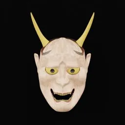 Intricately textured 3D Hannya mask model with yellow horns and eyes, designed for Blender.