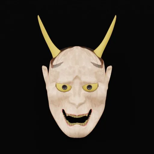 Intricately textured 3D Hannya mask model with yellow horns and eyes, designed for Blender.