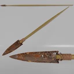 3D model of a historically accurate Stone Age hunting spear with detailed stone tip and wooden shaft.
