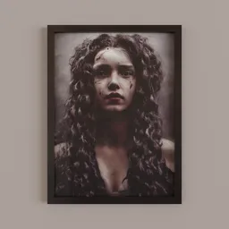 "Blender 3D model of a painting inspired by Kim Keever, featuring a woman with long curly brown hair, wearing a black dress, and framed in a modern frame. The painting measures 30x40cm and appears on a coarse canvas. The portrait has a touch of Medusa head and is a sold-out piece."
